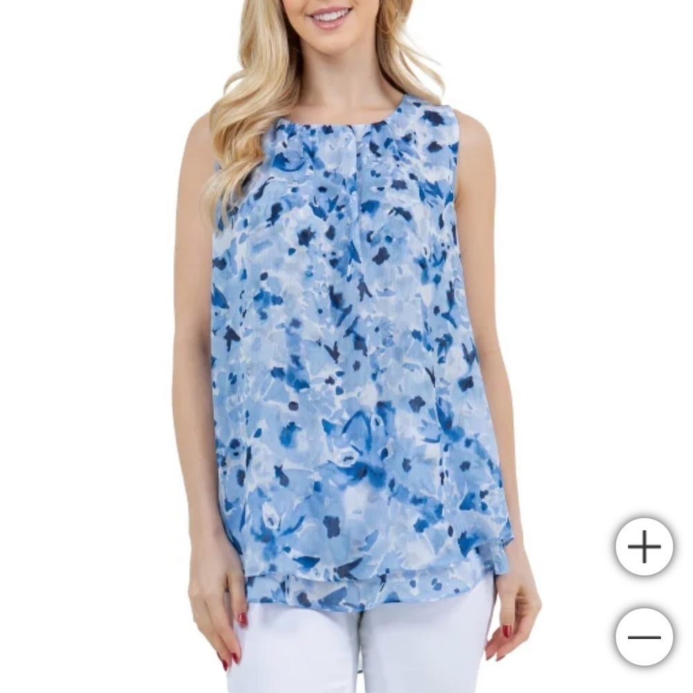 NWT Cristina‎ B Women's Sleeveless Blouse Blue Watercolor Print
